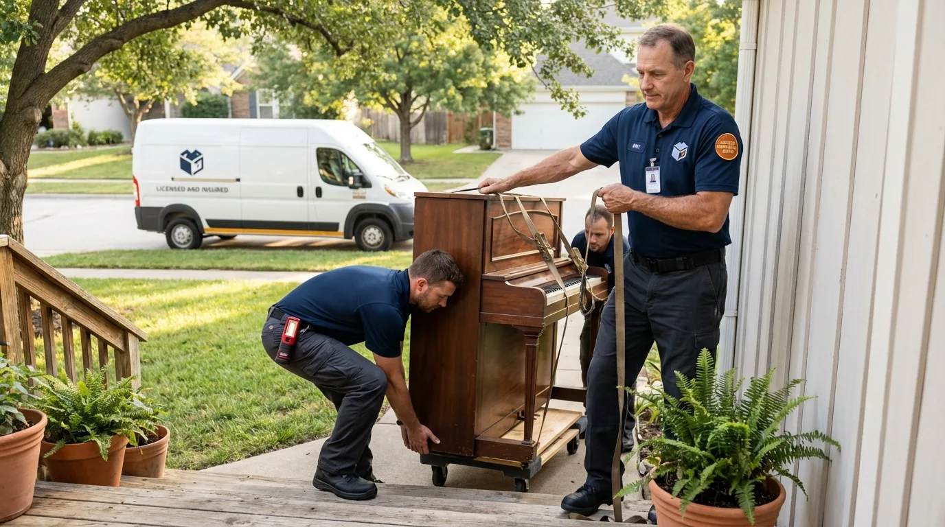 Licensed piano movers securing grand piano in Commercial Point, OH