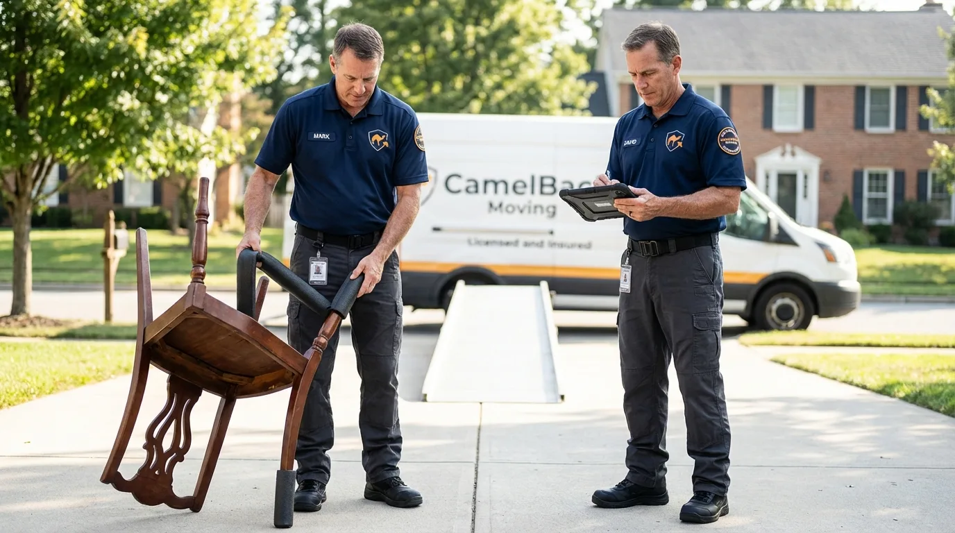 Movers inspecting furniture for damage prevention before loading in Commercial Point, OH