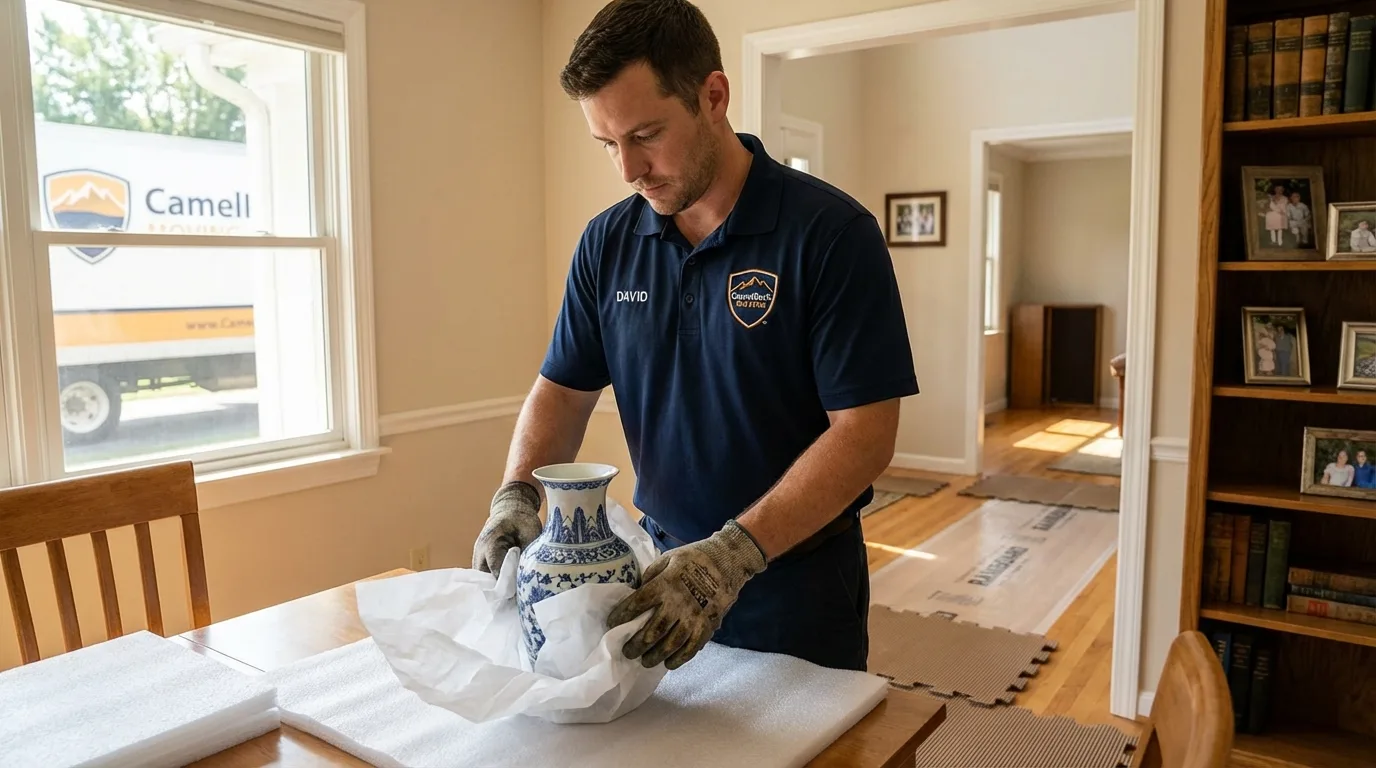 Professional crew carefully wrapping antique vase for senior downsizing move in Commercial Point, OH